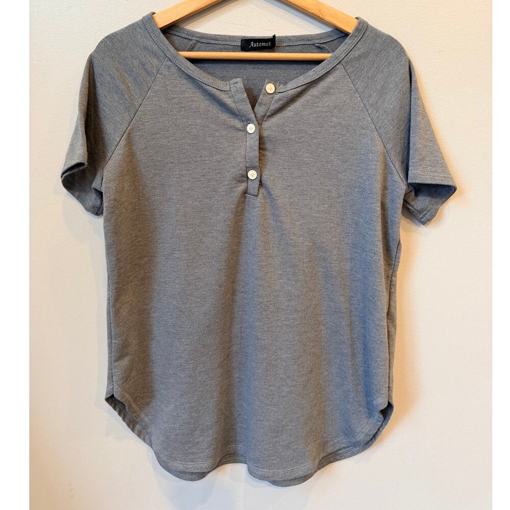 Automet Gray Henley Short Sleeve Tee Ribbed Raglan Knit Top Medium